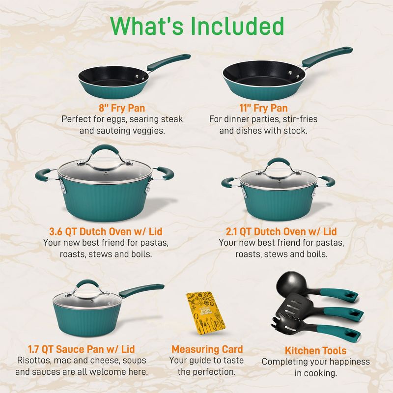 NutriChef NCCW11BL-DG 11 Piece Nonstick Ceramic Coating Elegant Lines Pattern Kitchen Cookware Pots and Pan Set with Lids and Utensils, Teal Blue, 2 of 7