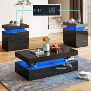 AMERLIFE 3 Pieces Modern High Gloss Living Room Table Set with LED Light and Storage, 2 End Side Tables with Charging Station for Living Room - 1 of 4