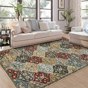 Vintage Trellis Area Rug Traditional Floral Washable Rugs for Living Room Bedroom Low Pile Non-Slip Floor Carpet - 1 of 4