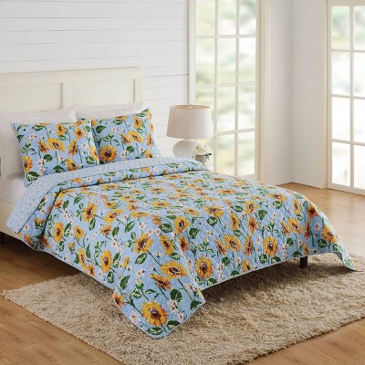 Sunflower Sky Twin Blue Cotton Reversible Quilt Set