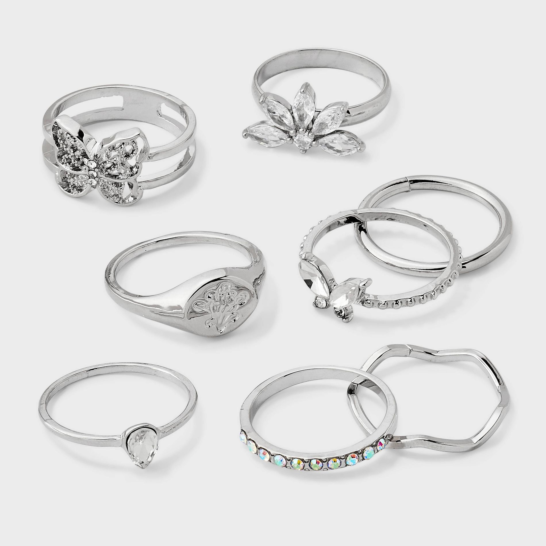 Crystal & Butterfly Ring 8pc Set - Wild Fable™ Silver