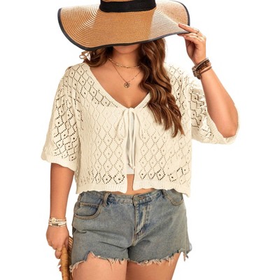 Womens Plus Size Cardigan with Elbow Sleeve Crochet Lightweight Tie Front Sweater Cardigan Lace Crochet Tops for Plus Size Women
