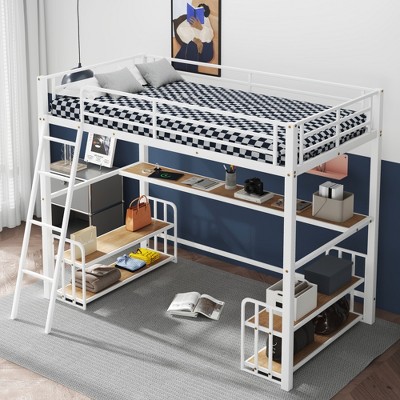 Twin/Full Size Metal Loft Bed with Desk, Storage Shelves and Charging Station with USB and type-c Interfaces, White-ModernLuxe