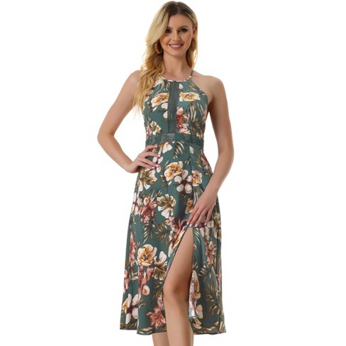 Halter Neck Split Sleeveless Floral Print Summer Boho Dress