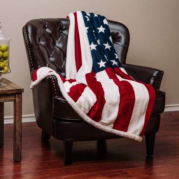 Chanasya Patriotic US Flag Print Faux Shearling Throw Blanket