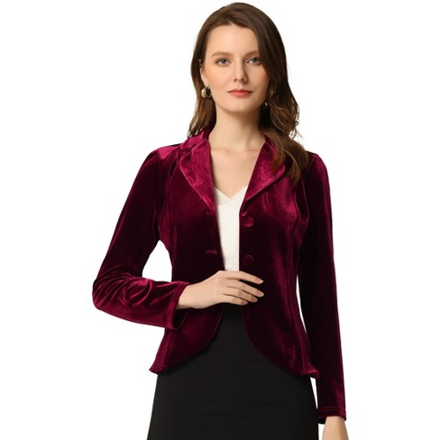 Allegra K Women's 1 Button Velvet Blazer Lapel Business Office Crop Suit  Jacket Burgundy Small : Target