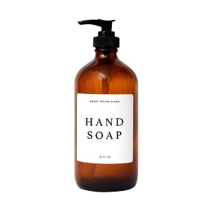 Sweet Water Decor Amber Glass White Text Label Hand Soap Dispenser - 16oz - 1 of 3
