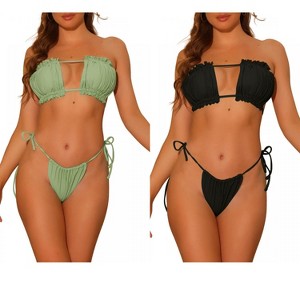 Elerevyo Women's Ruffle Pleated Bandeau Push Up High Cut Tie Side String Bikini Sets Swimsuits 2 Sets - 1 of 4