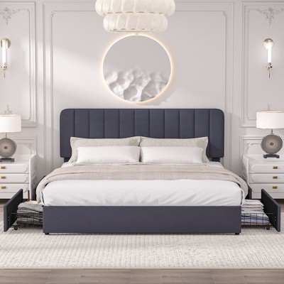 VECELO Upholstered Bed Frame with 1/4 Drawers and Adjustable Headboard, Twin/Full/Queen/King Platform Bed