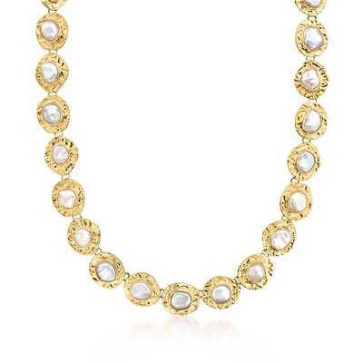 Ross-Simons 10x12mm Bezel-Set Cultured Baroque Pearl Disc Necklace in 18kt Gold Over Sterling