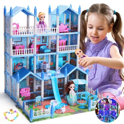 Skirfy Play Dollhouse with Doll Toy Figures, 14 Rooms Furniture and Colorful Lights, Creative Doll House Gift for Girls , Assemble Required