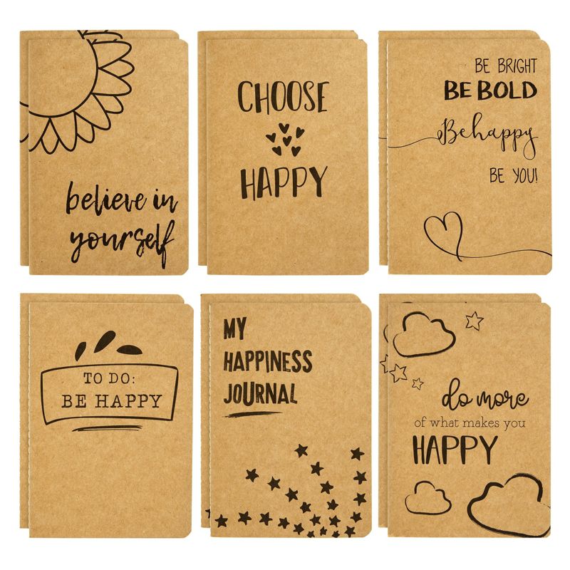 Paper Junkie 12 Pack Happiness-Themed Journals Bulk Set, Kraft Paper Notebooks with 80 Lined Pages for Kids, Office, 4 x 5.75 In, 1 of 12