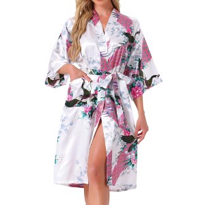 INSPIRE CHIC Women's Midi Robe Silky V-Neck Floral Print Sleepwear Bachelorette Robe Soft Nightgown - 1 of 4
