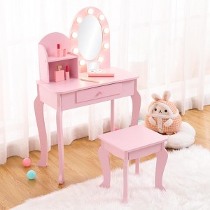 Kids Vanity Set with Stool - Wooden Princess Makeup Table with Mirror,  Play Cosmetics & Storage - 1 of 4