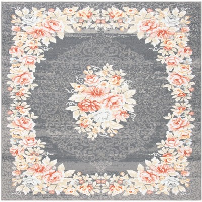 Gray and Pink Floral Pattern Square Wool Area Rug