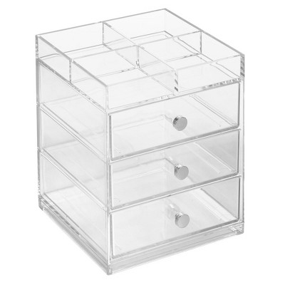 mDesign Plastic Makeup Storage Organizer Caddy Box, 3 Drawers, Top Shelf - Clear