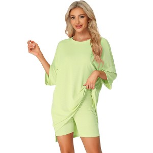 cheibear Women's Knit Loose Fit T-Shirt with Biker Shorts Lounge Sleepwear Pajama Sets - 1 of 4