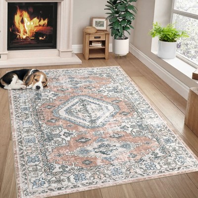Washable Rugs for Living Room, Vintage Medallion Distressed Print Rug Non-Slip Low Pile Rug for Bedroom, Dining Room