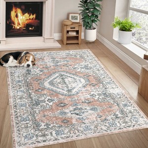 Washable Rugs for Living Room, Vintage Medallion Distressed Print Rug Non-Slip Low Pile Rug for Bedroom, Dining Room - 1 of 4