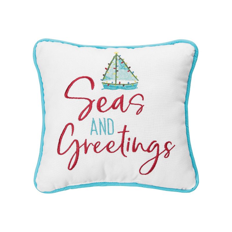 C&F Home 10" X 10" Coastal "Seas And Greetings" Embroidered Petite Accent Throw Pillow Decoration Christmas Throw Pillow, 1 of 5