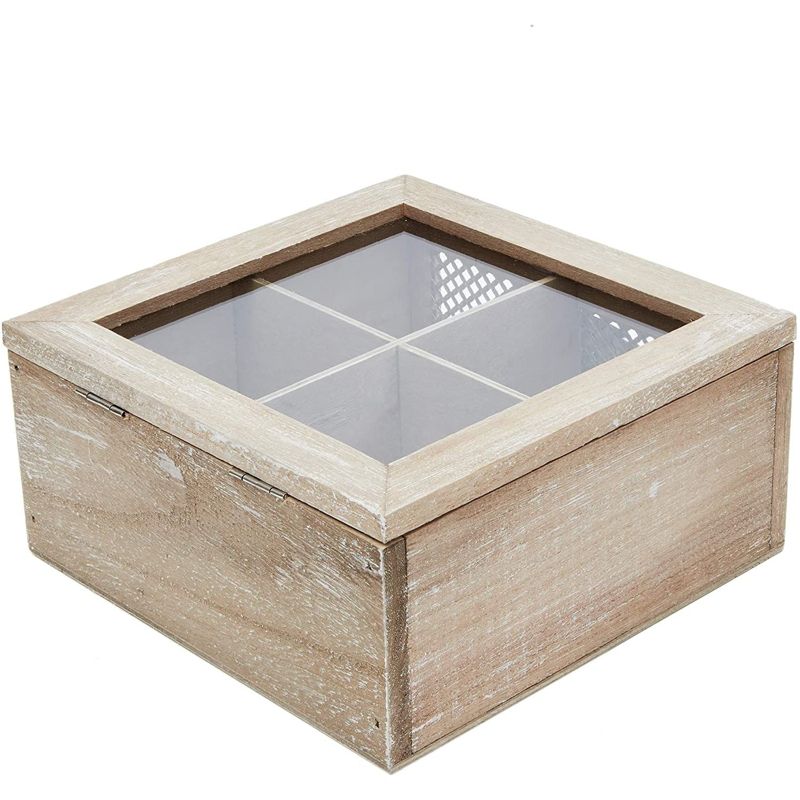 Juvale Wooden Box for Tea Bags Organizer, Rustic 4-Compartment Container with Clear Lid, 7 x 7 x 3 In, 5 of 8