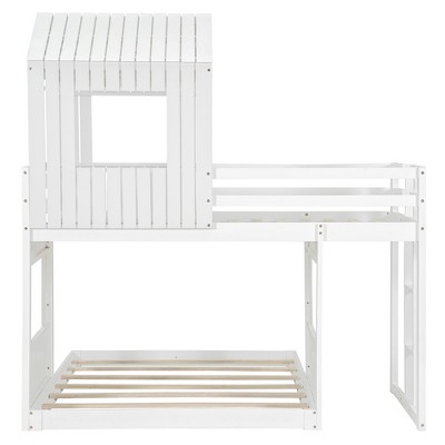 Bellemave Wooden Twin Over Full Bunk Bed, Loft Bed with Playhouse, Farmhouse, Ladder and Guardrails, White