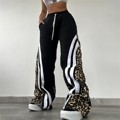 Clotth Women's Leopard Print Pants - High Waisted Cheetah Trousers, Baggy Sweatpants, Gothic Long Pants with Stripes, Street Fashion