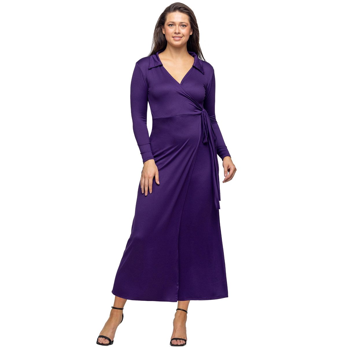 Womens V-Neck Long Sleeve Collared Wrap A-Line Maxi Dress - 24seven Comfort Apparel™ - thumbnail 10