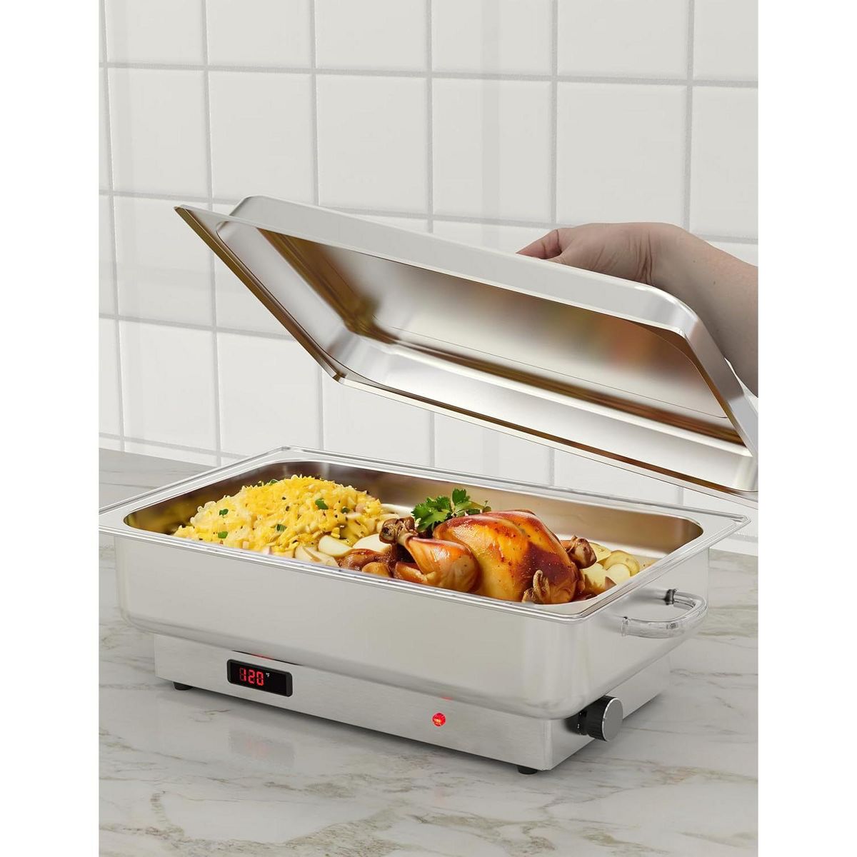 Electric Chafing Dish Buffet Set - 9QT Stainless Steel Food Warmer with Temperature Control Display-Includes Lid,Commercial Kitchen Catering Chafer - thumbnail 2