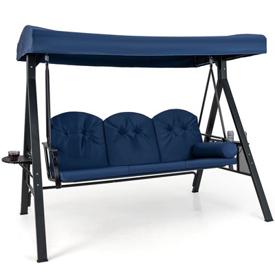 Costway 3-Seat Patio Swing Chair with Adjustable Canopy Thickened Cushions Pillow Navy/Gray