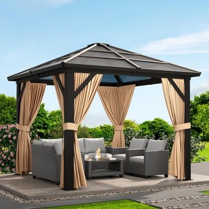 10x12ft Gazebo, Hardtop Outdoor Canopy Aluminum Frame Permanent Gazebo with Netting and Curtains - 1 of 4