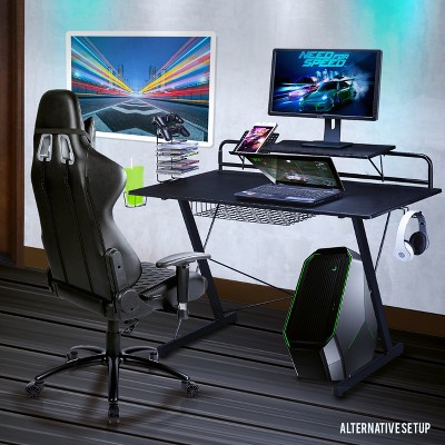 Black Carbon Fiber Gaming Desk with Drawer and Cup Holder