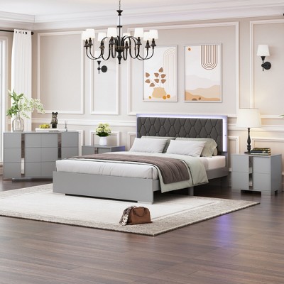 4-Piece Bedroom Sets, Queen Size Upholstered Bed with LED Lights, Mirrored Nightstands and Dresser 4W - ModernLuxe