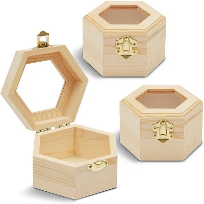 Juvale 3 Pack Unfinished Hexagon Wooden Box with Window and French Buckle for DIY Crafts, Jewelry Stroage and Wedding Souvenirs