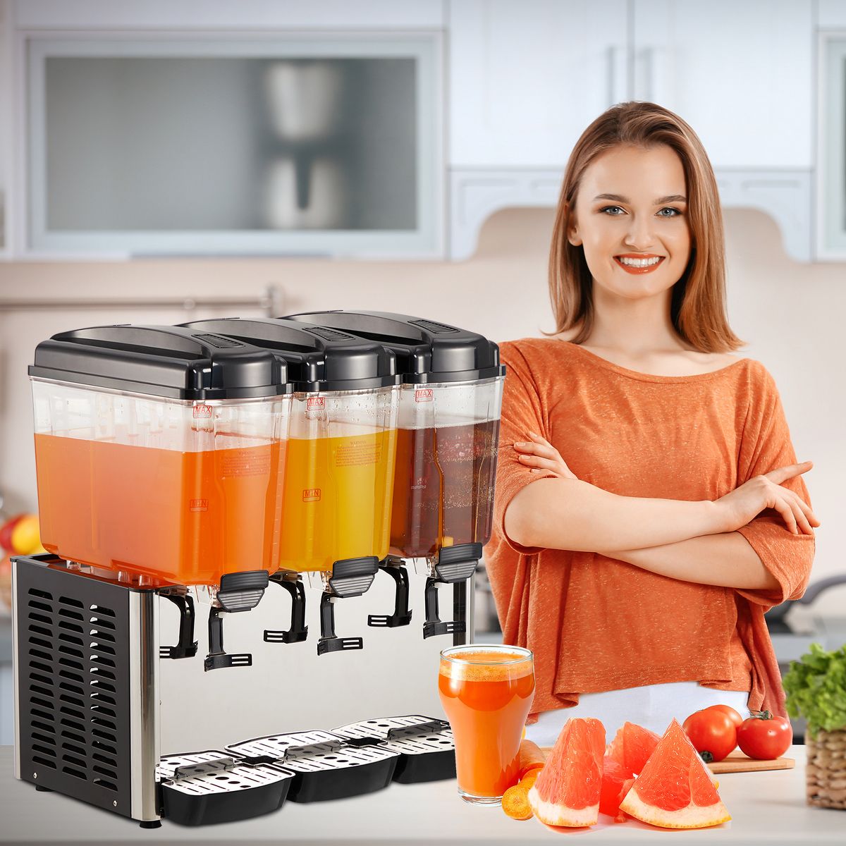 3-Tank Commercial Beverage Dispenser, 14.4 Gallon Stainless Steel Cold Drink Machine with Thermostat, Safe Materials for Juice Iced Tea Restaurants - thumbnail 2