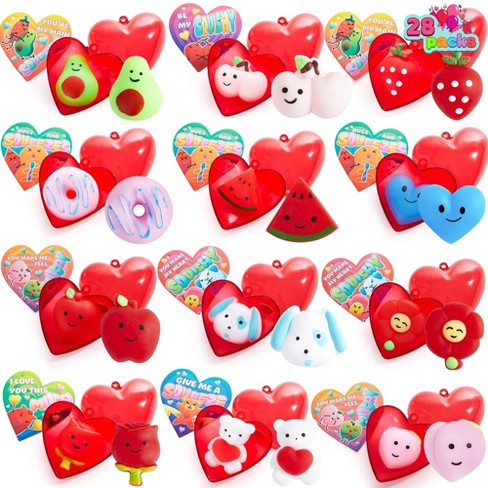 HISHERTOY 28Pcs Valentine Day Cards for Kids Classroom School Valentines  Day Gifts for Kids Mochi Squishy Toy Stress Relief Fidget Toy for Kid