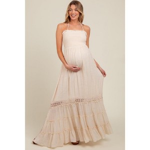 Pinkblush Cream Smocked Open Back Maternity Maxi Dress - 1 of 4