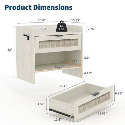 Product dimensions diagram with measurements for the nightstand and included drawer