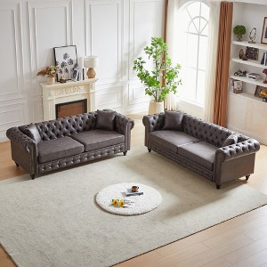 126'' Tech Fabric Chesterfield 3+3 Seater Sofa Set with Rolled Arms, Tufted Buttons and 4 Matching Cushions - 1 of 4