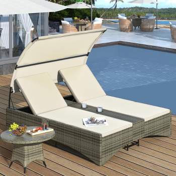 Outdoor Rattan Sun Lounger, Patio Double Daybed with Shelter Roof with Adjustable Backrest, Storage Box and 2 Cup Holders, 4A -ModernLuxe