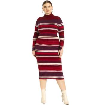ELOQUII Women's Plus Size Striped Turtleneck Sweater Dress