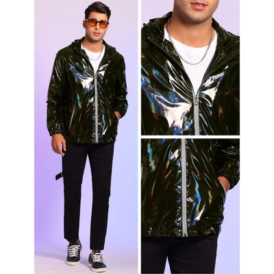 Мужские куртки INSPIRE CHIC Men's Solid Zipper Sparkle Shiny Holographic Hooded Metallic Jacket Silver X Large — фото 3