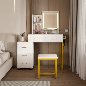 Okak Modern Vanity Table with Round Mirror & LED Lights,Storage Dressing Desk with Chair & Power Outlet,Makeup Table Set for Bedrooms - 1 of 4