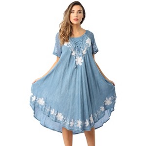 Riviera Sun Womens Short Sleeve Denim Embroidered Sundress - Lace Trim Summer Dress. - 1 of 3