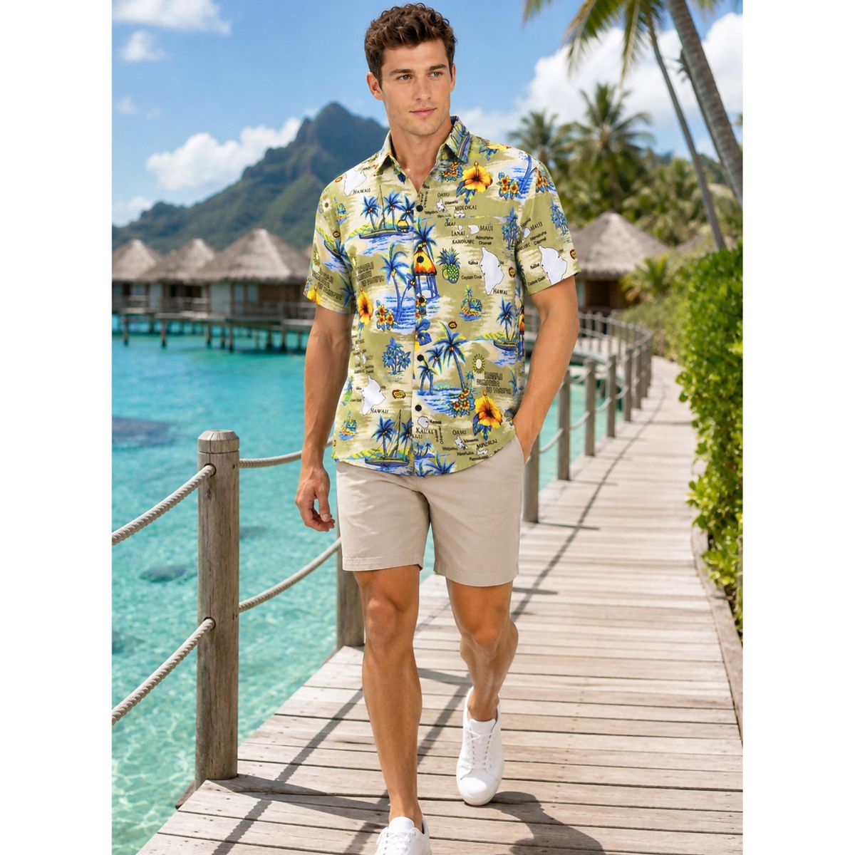 LA LEELA Mens Hawaiian Short Sleeve Button Down Shirt Men's Summer Shirts Casual Beach Vacation Hawaii Island Shirts for Men Funny 5XL Beige, Tree - thumbnail 4