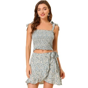 Allegra K Women's Summer Floral Print Smocked Top Mini Skirt Outfit Set 2 Pieces - 1 of 4
