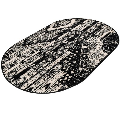 Oval Black and White Geometric Synthetic Indoor Area Rug