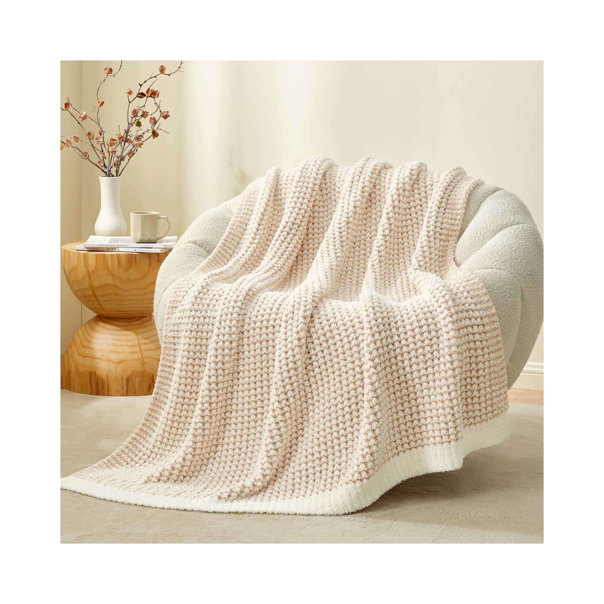 Waffle Knit Throw Blanket Fluffy Dual-side Throw Soft Reversible Blanket,Snuggle Sac,Cream&Beige,50"*60"