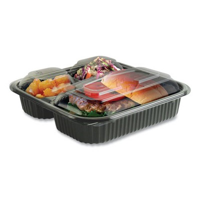 Culinary Squares 2-Piece/3-Compartment Microwavable Container, 21 oz/6 oz/6 oz, 8.46 x 8.46 x 2.5, Clear/Blk, Plastic, 150/CT Culinary Squares 2-Piece/3-Compartment Microwavable Container, 21 oz/6 oz/6 oz, 8.46 x 8.46 x 2.5, Clear/Blk, Plastic, 150/CT