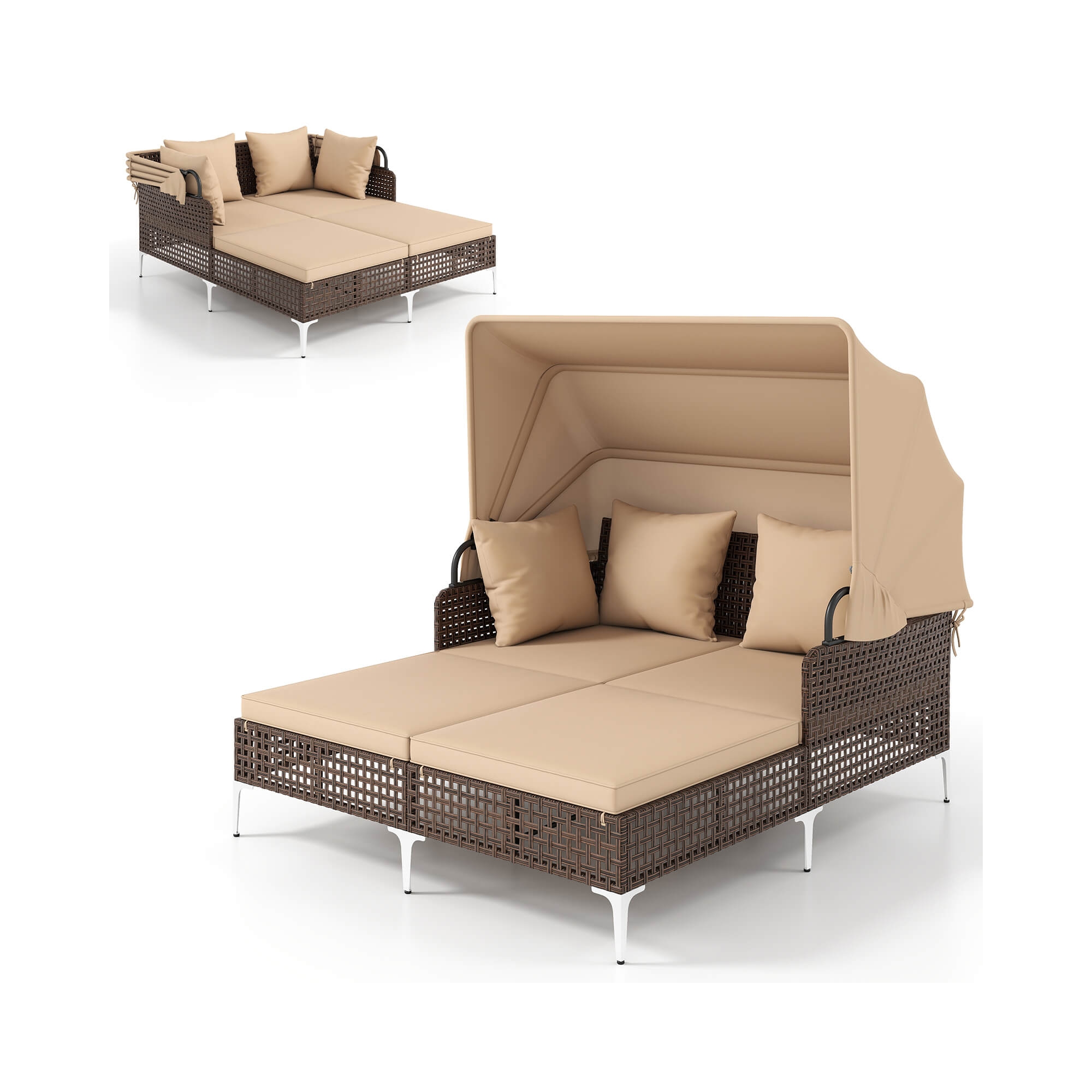 Costway Outdoor Rattan Double Daybed with Retractable Canopy & Seat Back Cushions